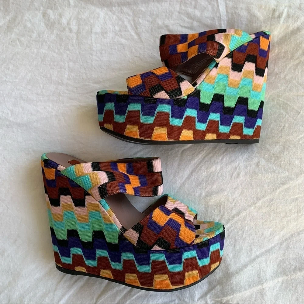 Missoni Rainbow Print Chevron Knit Strap Strappy Platform Chunky Wedges Heels
